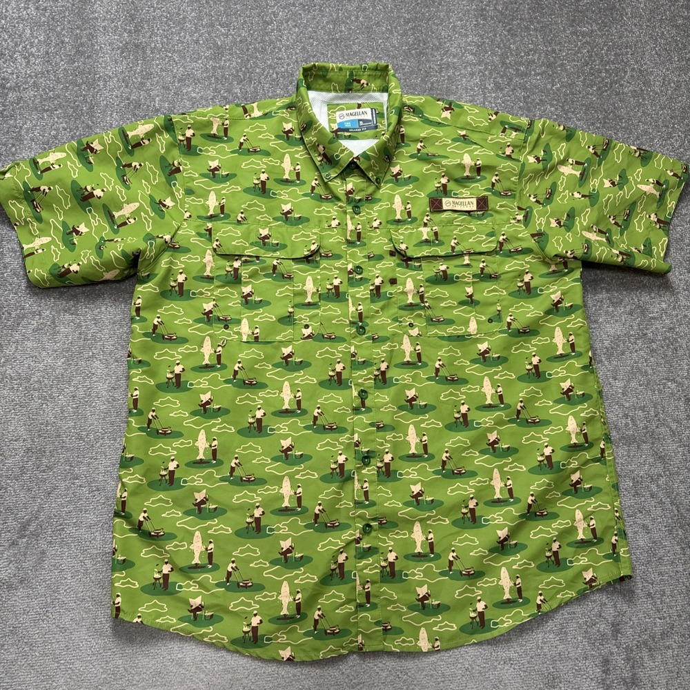 Magellan XL Button Fishing Laguna Dad Lawn Camo Father Mowing BBQ Shirt Mesh